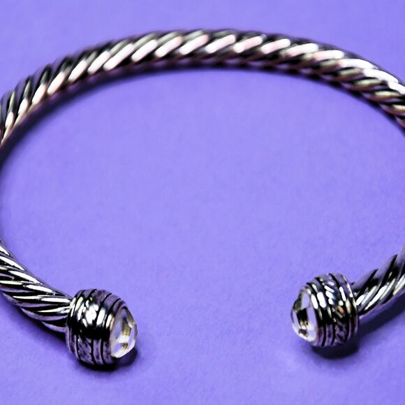 Adjustable Twisted Silver Cable Bracelet with Clear Stone Detail - Picture 2 of 6